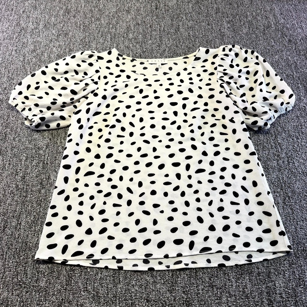 Chaus Blouse Top Womens Medium Black White Dalmatian Print Classic Puff Sleeves